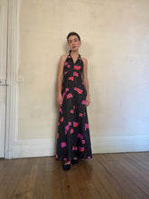 Load image into Gallery viewer, 1970s black floral open back dress