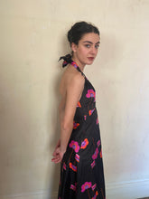 Load image into Gallery viewer, 1970s black floral open back dress