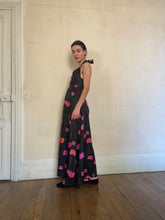 Load image into Gallery viewer, 1970s black floral open back dress