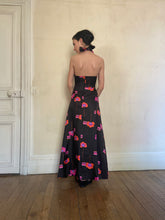 Load image into Gallery viewer, 1970s black floral open back dress