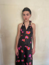 Load image into Gallery viewer, 1970s black floral open back dress