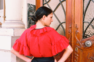 1970s Yves Saint Laurent red ruffled blouse