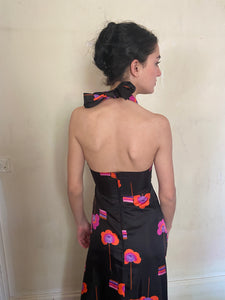 1970s black floral open back dress