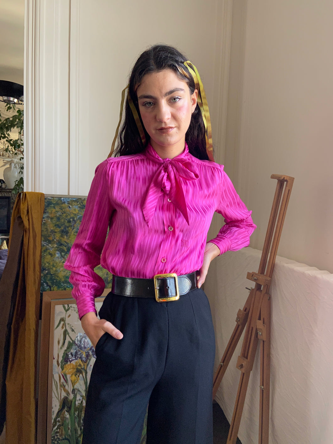 1980s Céline hot pink silk blouse