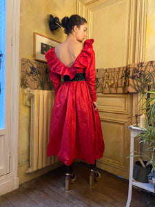 1970s Georges Rech red taffeta dress