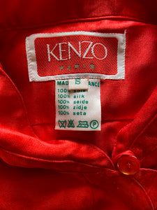 1970s Kenzo red silk satin ruffled blouse