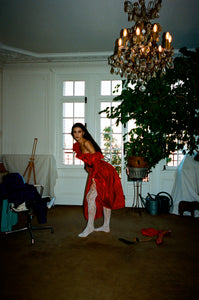 1970s Georges Rech red taffeta dress